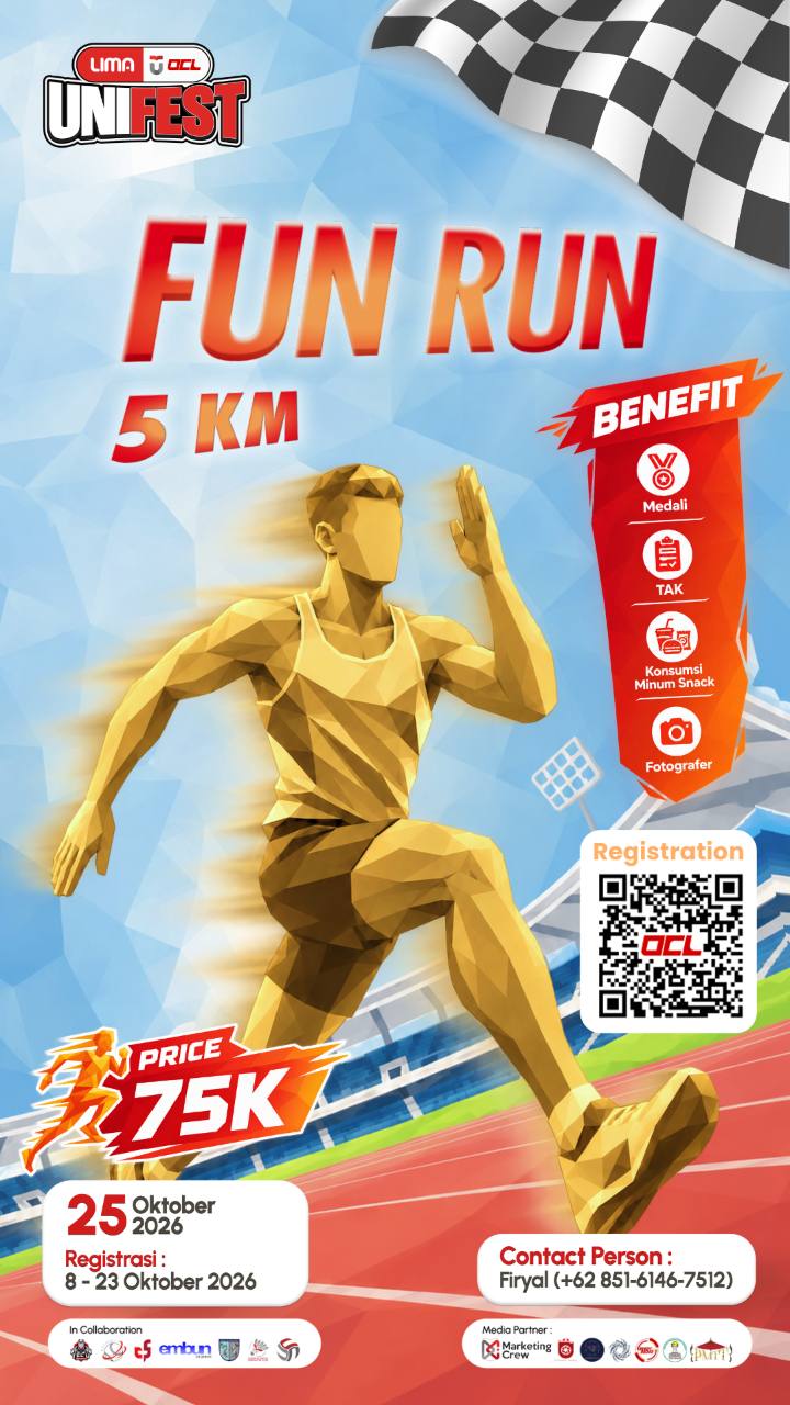 Poster resmi Fun Run OCL UNIFEST, 25 Oktober 2026; registrasi 8–23 Oktober 2026, ditutup pukul 23.59 WIB